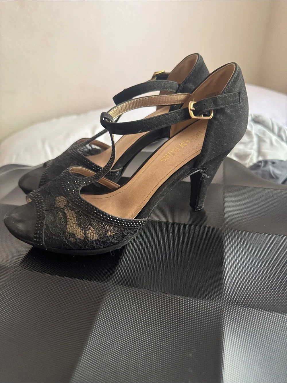Dream Pairs Black Lace Rhinestone T-Strap Heels – Size 7.5